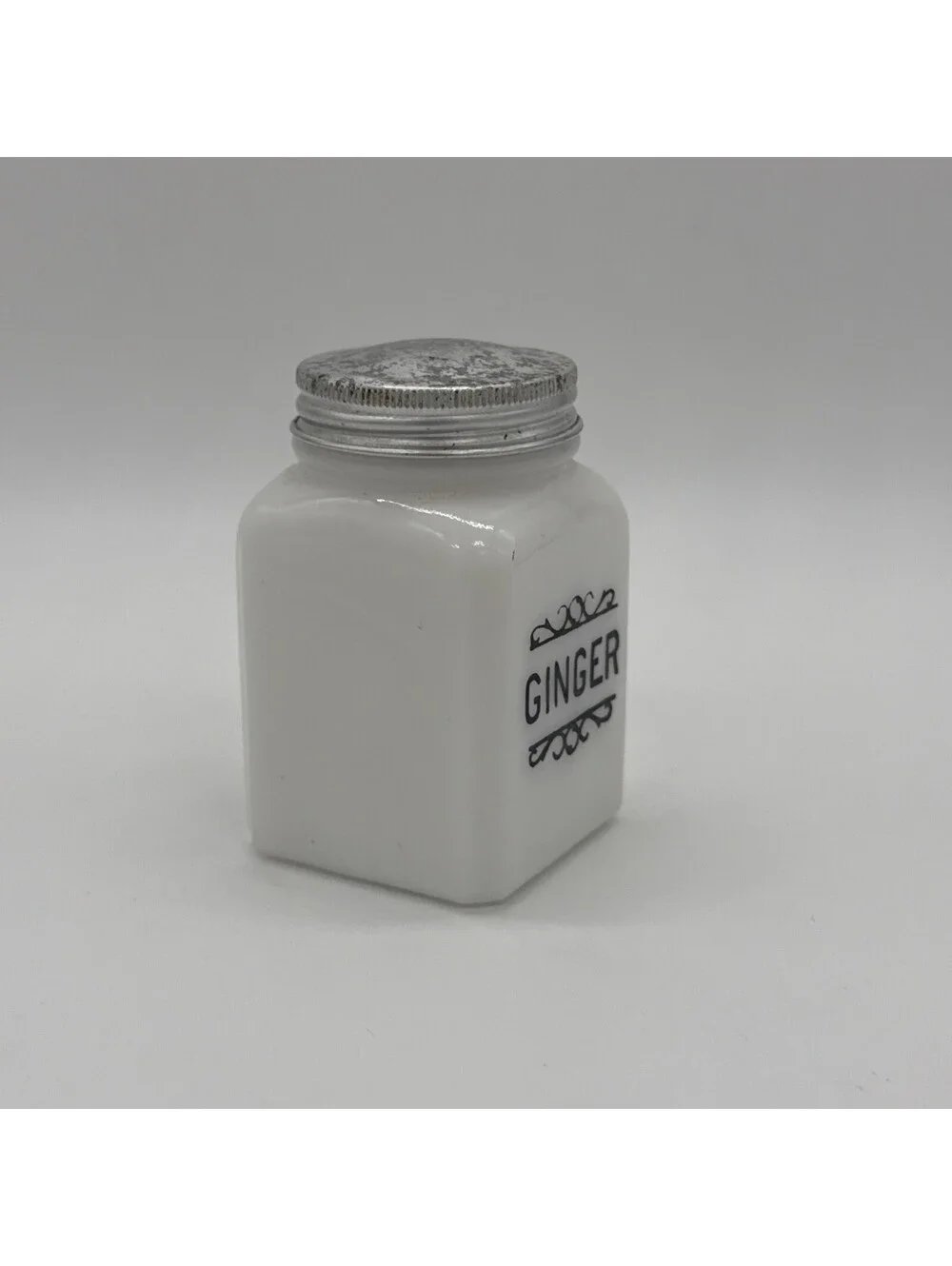 Vintage Milk Glass Spice Jar Busy Biddy Brand Ginger Metal Lid 3.25